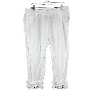 Womens White Crown & Ivy Tassel Hem Pants 100% Linen Hi Rise Elastic Waist XL